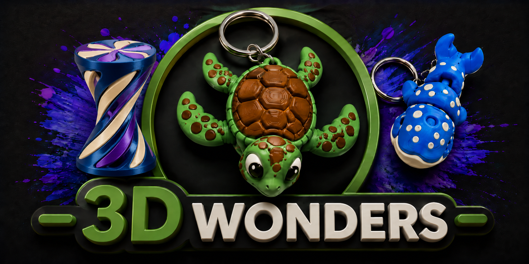 3D Wonders 3D printed products including a turtle keyring and decorative models